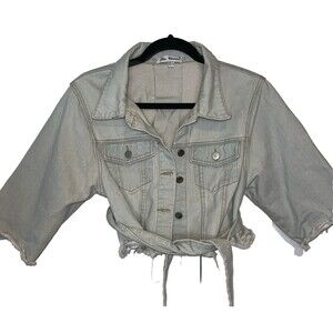 Womens Ma Cherie Denim Crop Jacket Sz Small Light Wash Distressed Belted Button